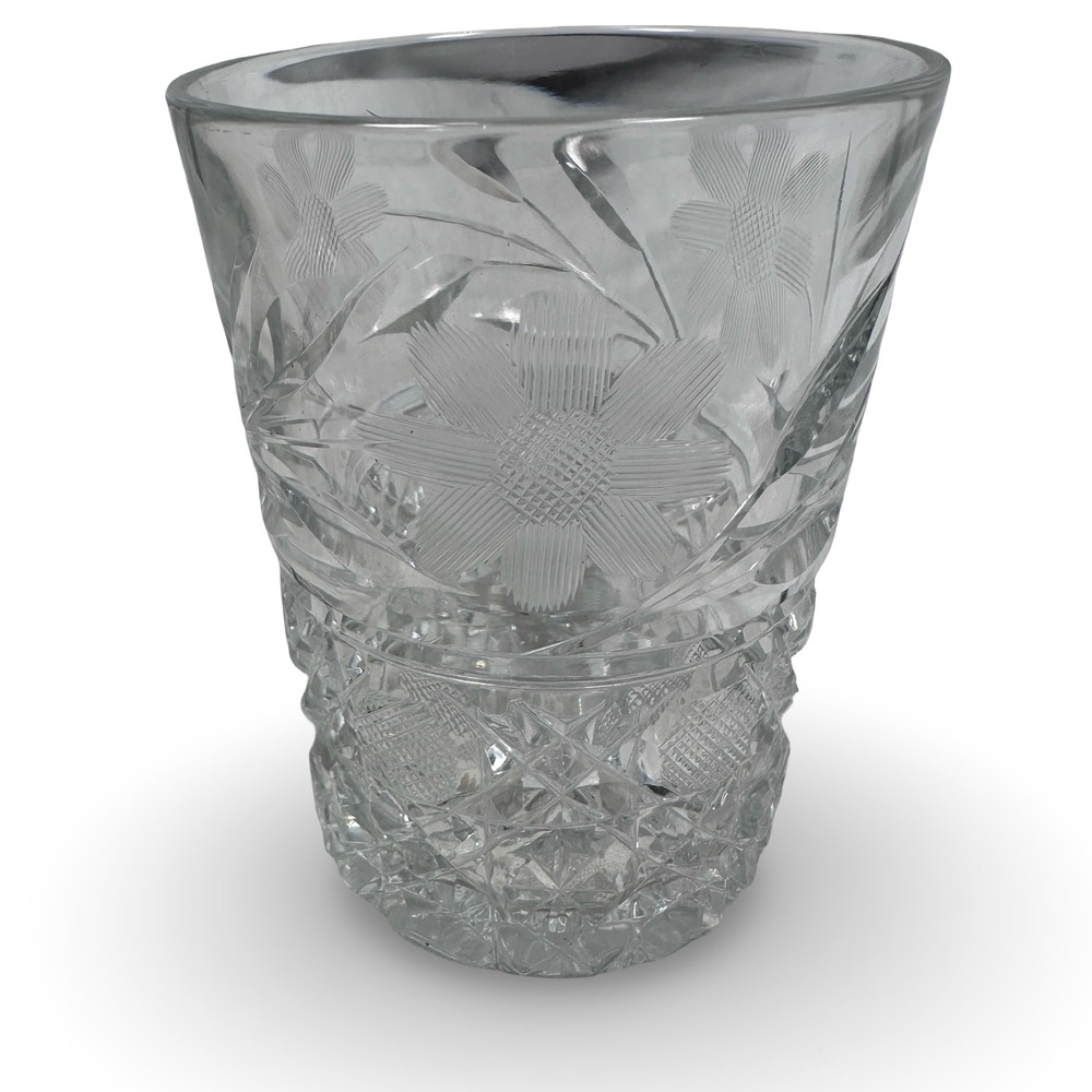 Antique American Brilliant Cut Glass Lowball Glass Floral Daisy Crosshatch Clear